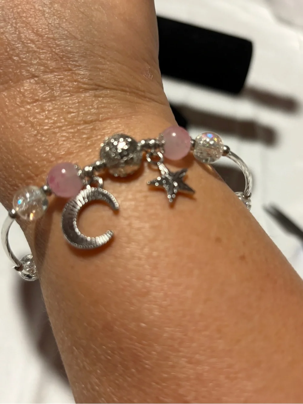 Pink & Clear Beaded Moon Star Bracelet – Silver Tone Celestial Charm Bracelet